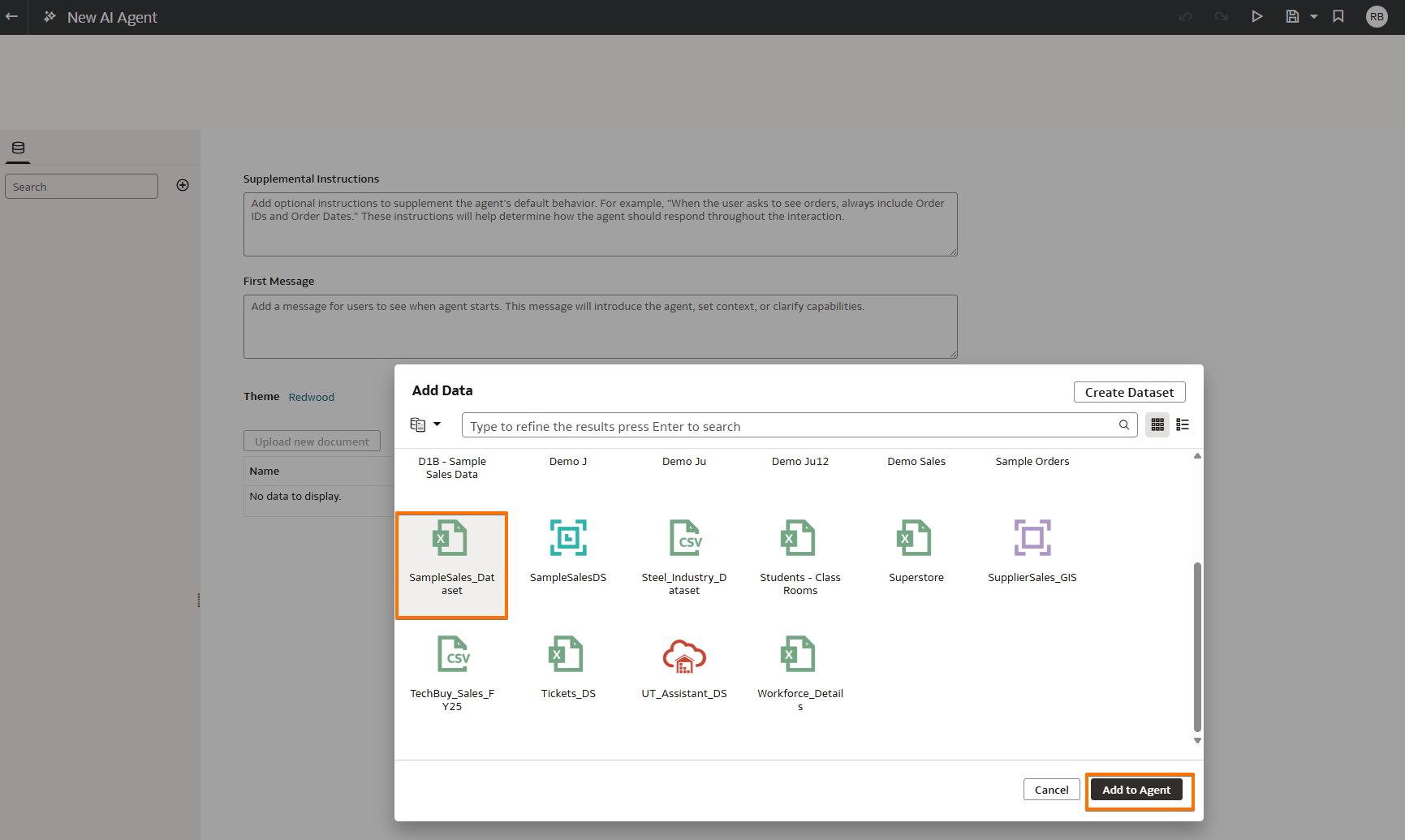 Screenshot: Add Data dialog showing SampleSales_Dataset selected